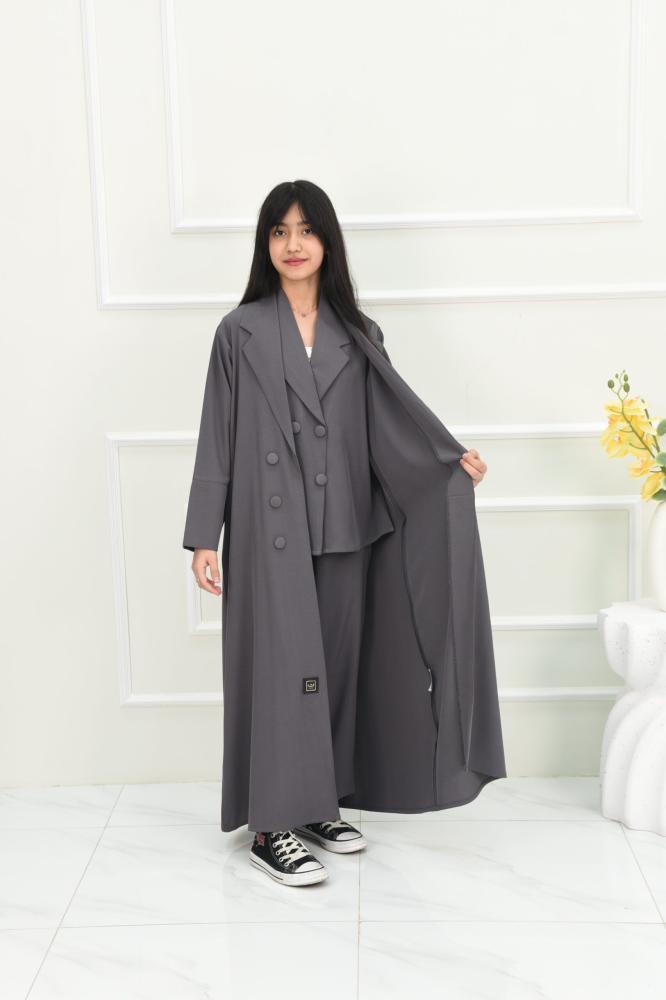 Girls' casual abaya, 4 pieces, in gray color