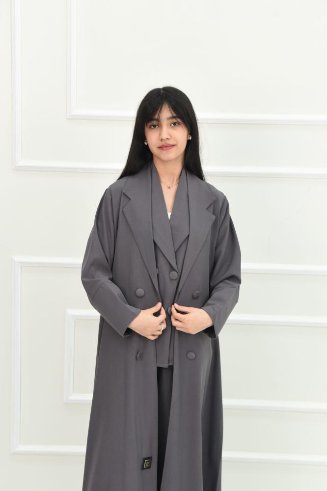 Girls' casual abaya, 4 pieces, in gray color