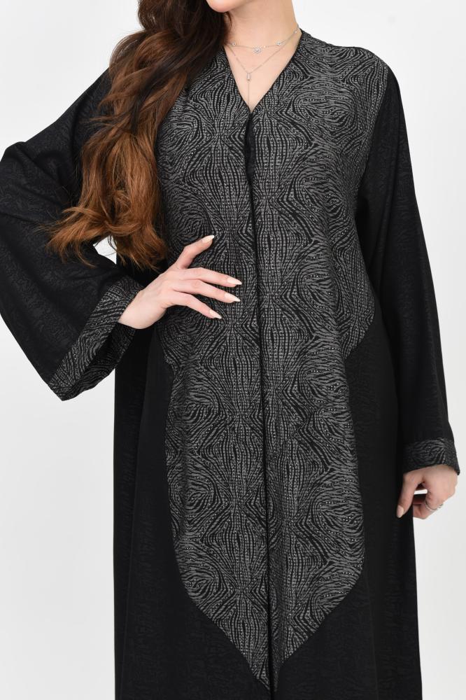 Black jacquard abaya with dense patterns and gray details