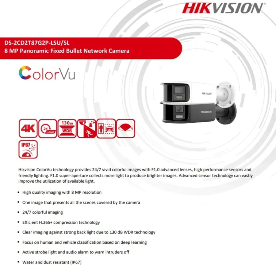 كاميرا مراقبة Hikvision ColorVu 8MP خارجية عدسة مزدوجة 180° F1.0 رؤية ليلية ملونة وإنذار ذكي