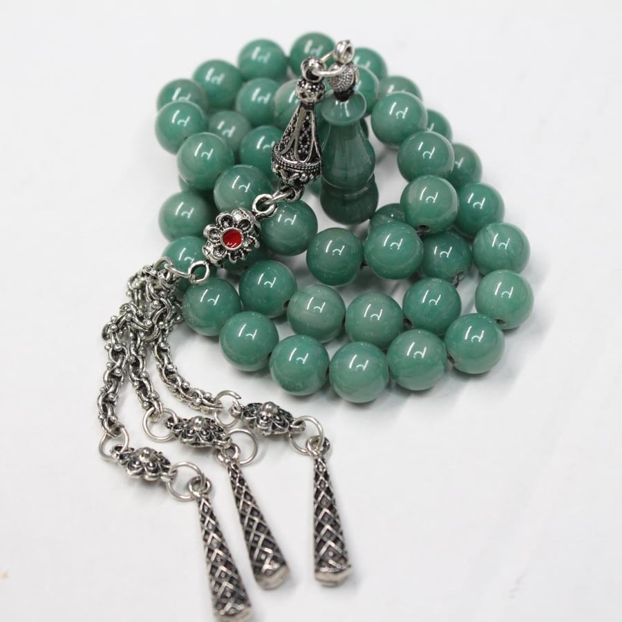 Turquoise-colored musk prayer beads, strong polypropylene thread, medium-sized beads, with a tassel, a mixture of antimony and metals