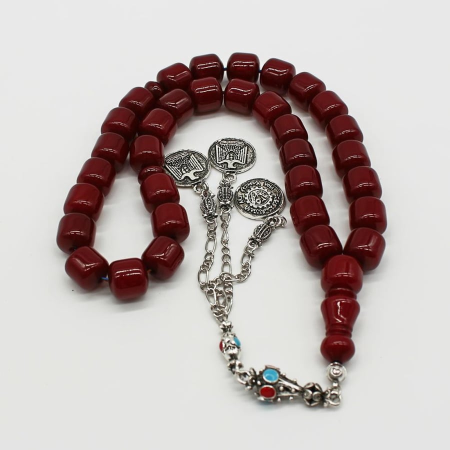 Misk rosary in cherry color, polypropylene thread, with a tassel in a beautiful appearance resembling old coins