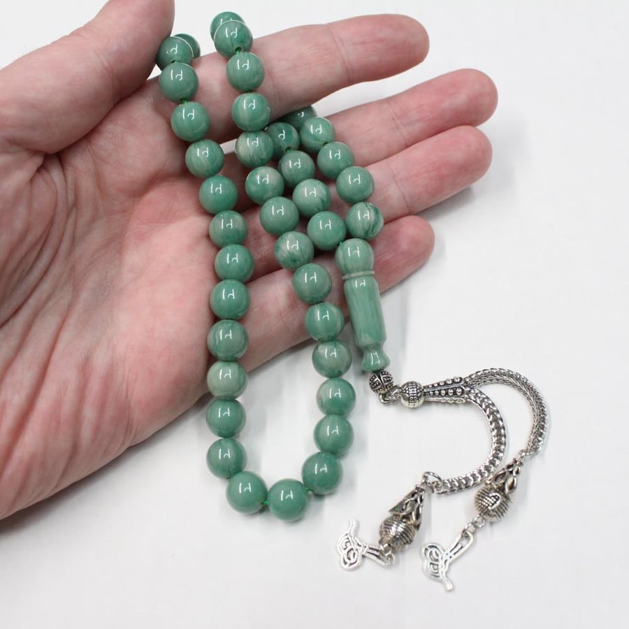 Turquoise-colored musk prayer beads, strong polypropylene thread, medium-sized beads, with a tassel, a mixture of antimony and metals