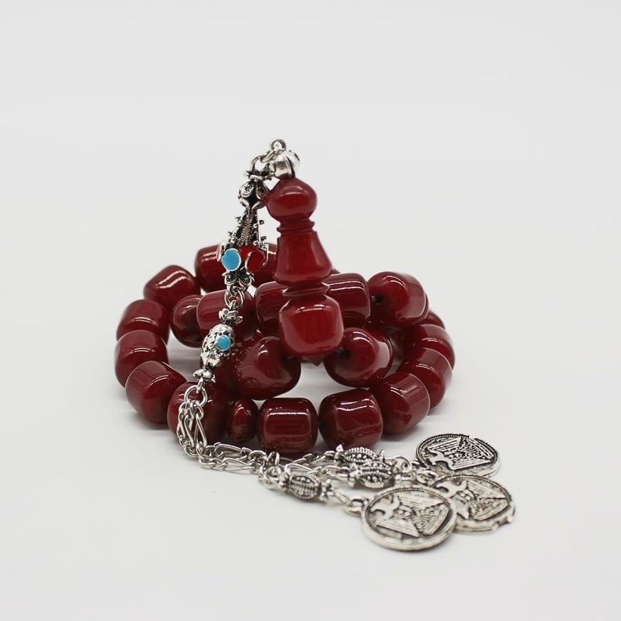 Misk rosary in cherry color, polypropylene thread, with a tassel in a beautiful appearance resembling old coins