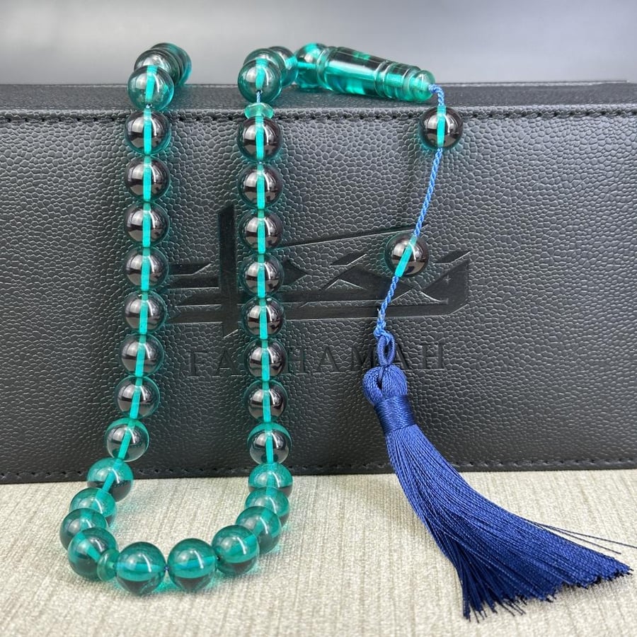 Turquoise green saffron-colored prayer bead bracelet
