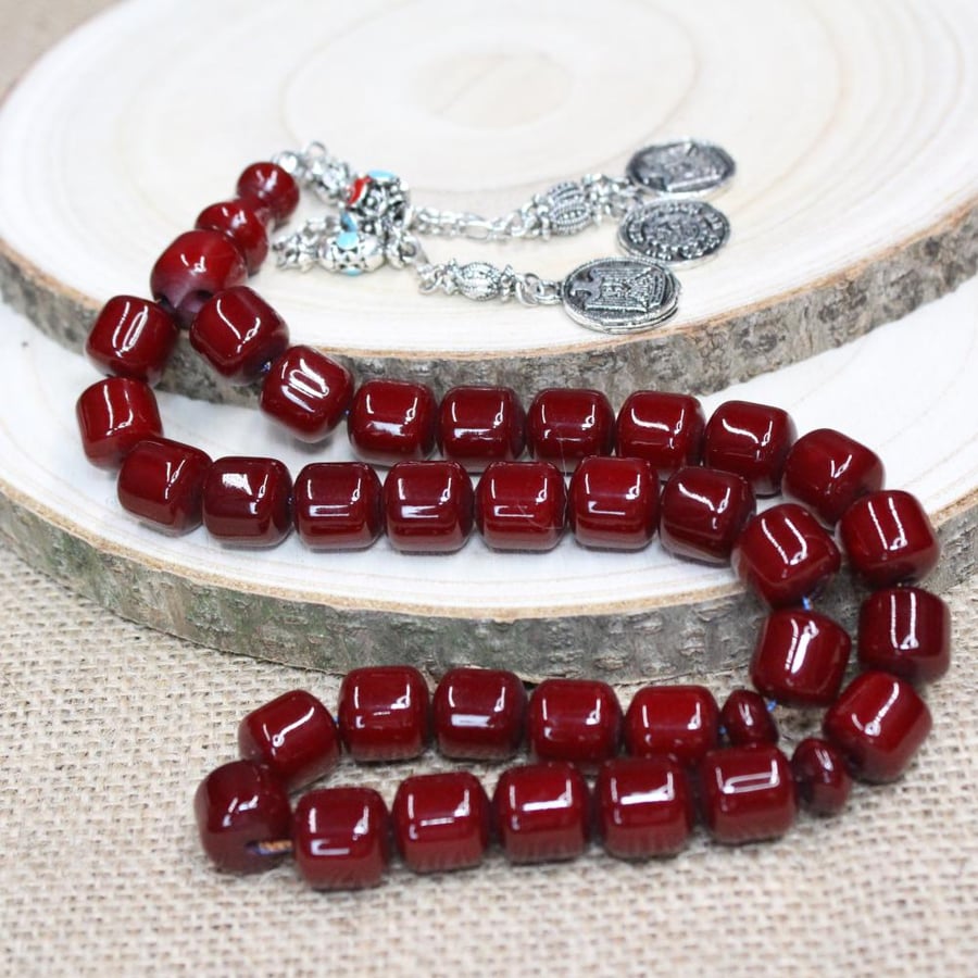 Misk rosary in cherry color, polypropylene thread, with a tassel in a beautiful appearance resembling old coins