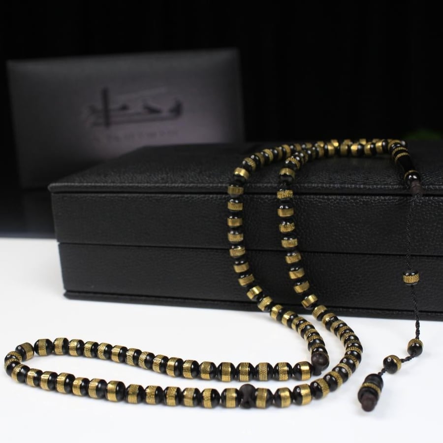 Black Kok rosary with golden inscriptions – 99 beads