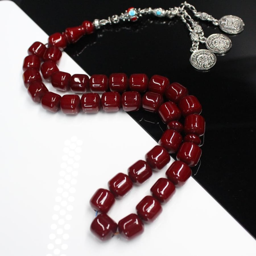 Misk rosary in cherry color, polypropylene thread, with a tassel in a beautiful appearance resembling old coins