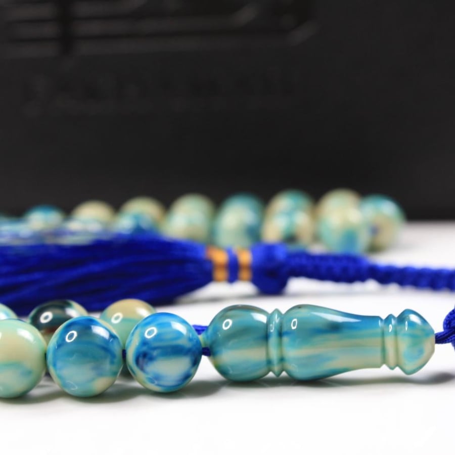 Turquoise coralized agate prayer bead with marble pattern