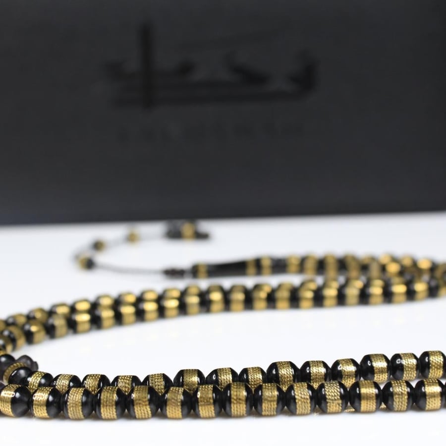 Black Kok rosary with golden inscriptions – 99 beads
