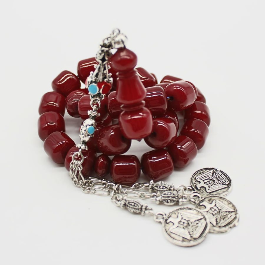 Misk rosary in cherry color, polypropylene thread, with a tassel in a beautiful appearance resembling old coins
