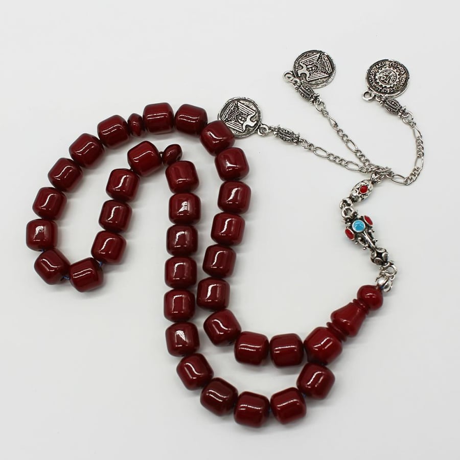 Misk rosary in cherry color, polypropylene thread, with a tassel in a beautiful appearance resembling old coins