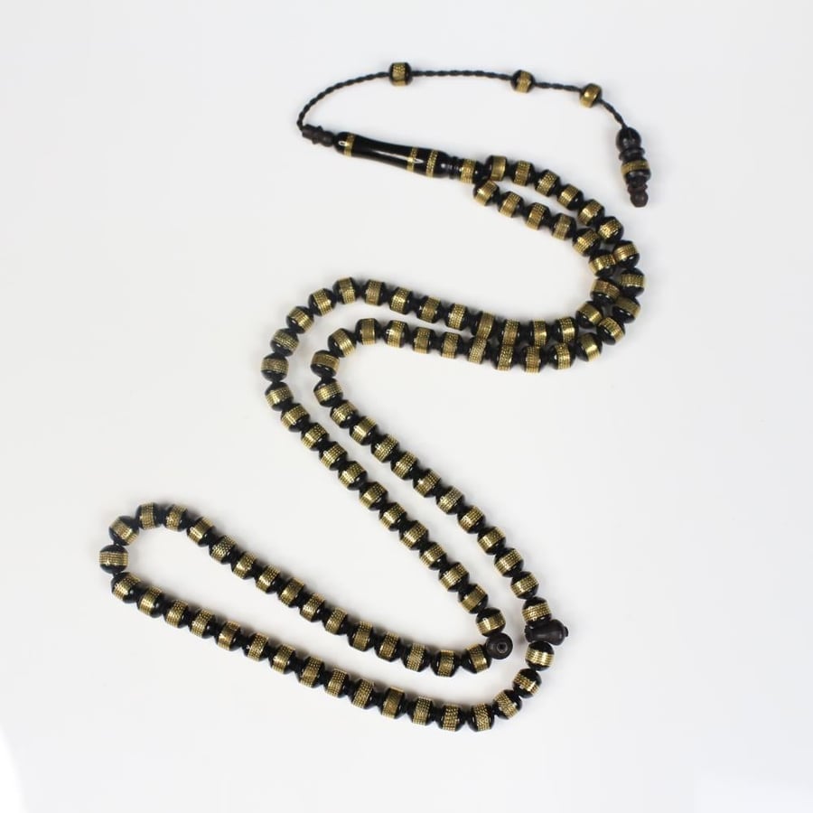 Black Kok rosary with golden inscriptions – 99 beads