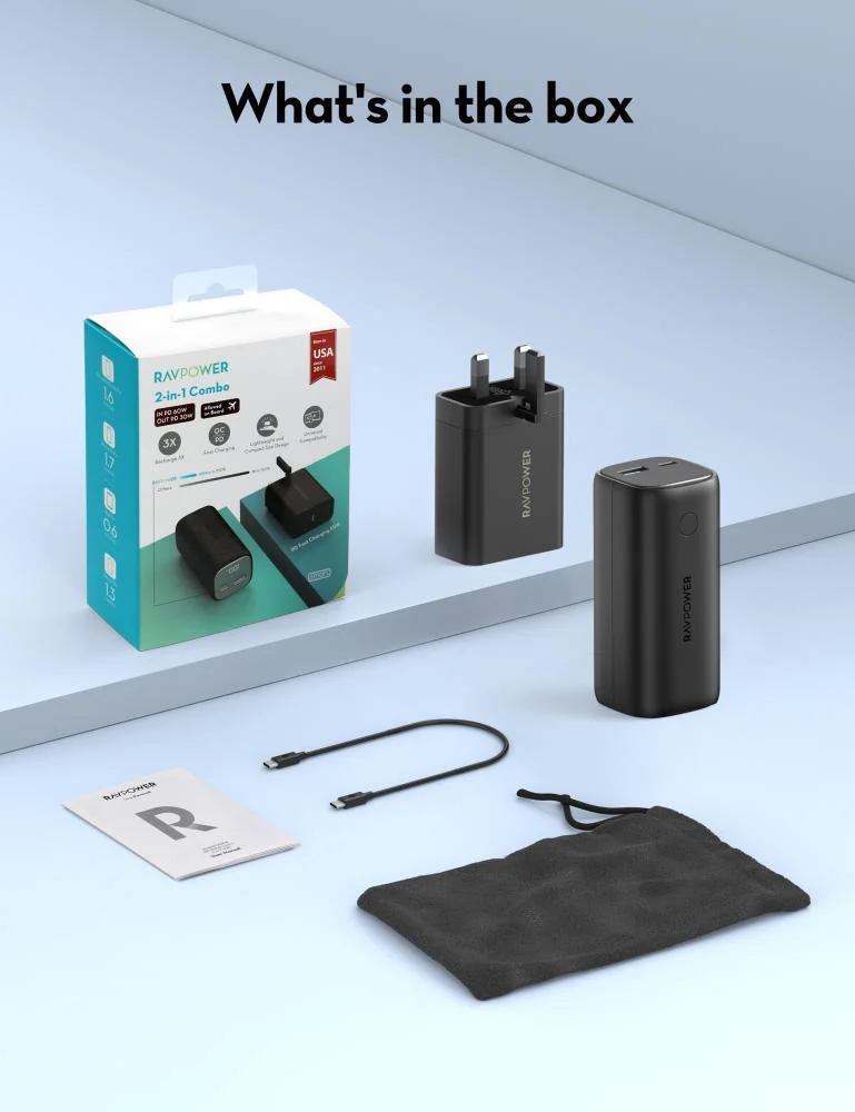 طقم RAVPower 2 في 1 باور بانك وشاحن PD 65 واط