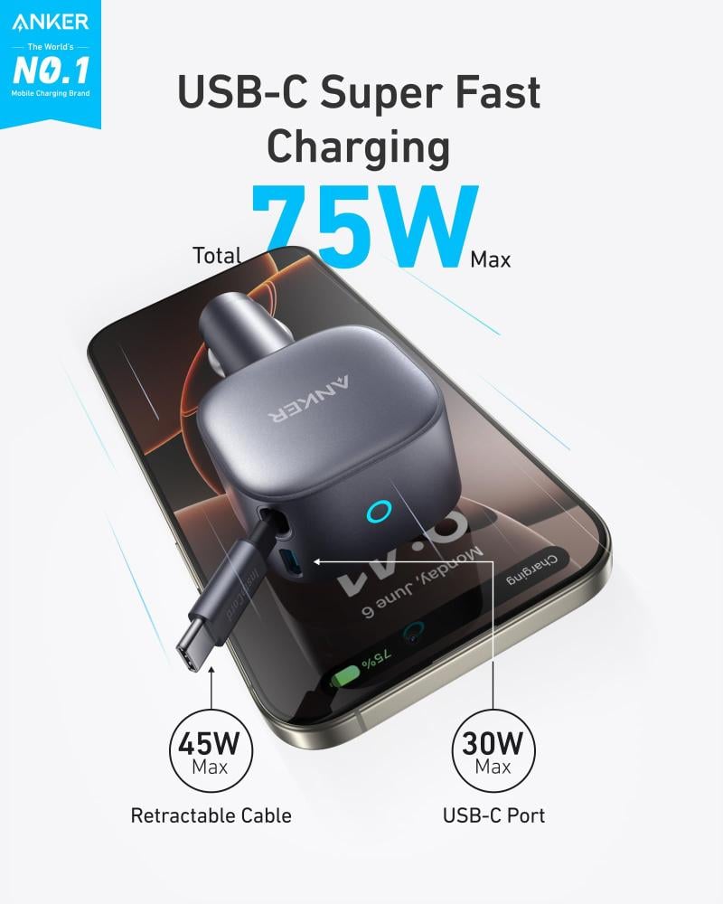 شاحن سيارة أنكر (Anker Nano) بقوة 75 واط ومنفذ USB-C مع كيبل مدمج وقابل للسحب