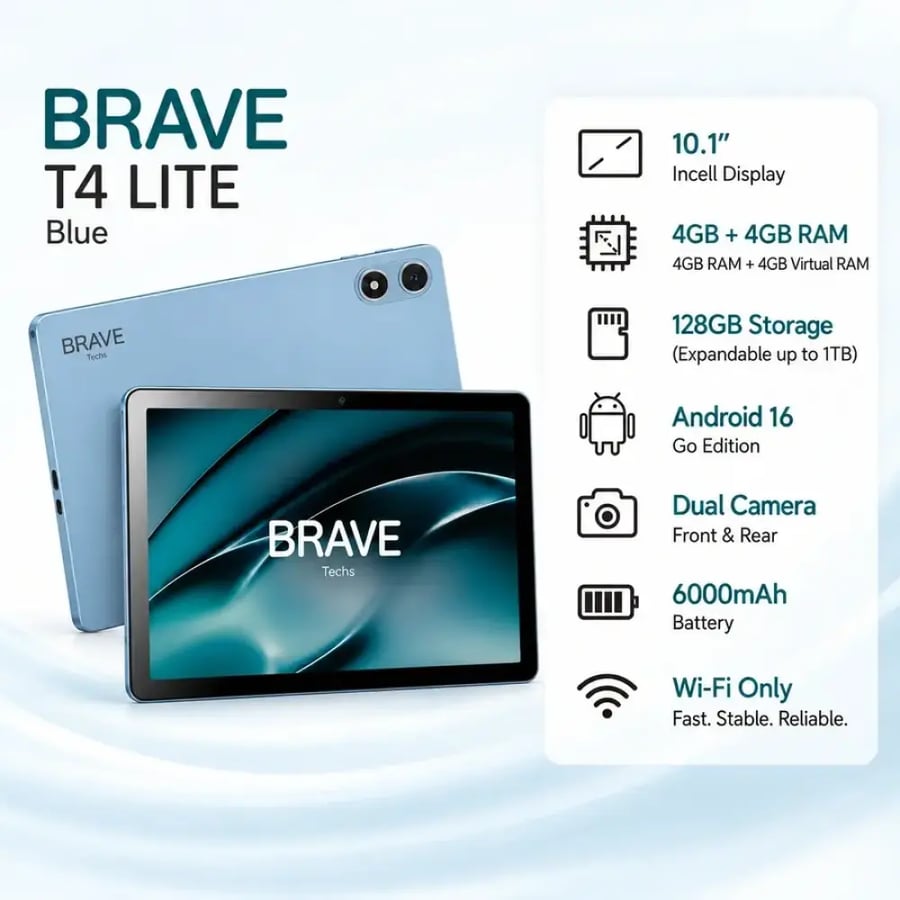 تابلت بريف T4 لايت Wi-Fi سعة 128 جيجابايت وذاكرة 4 جيجابايت - رمادي - اصدار الشرق الاوسط | Brave T4 Lite Tablet