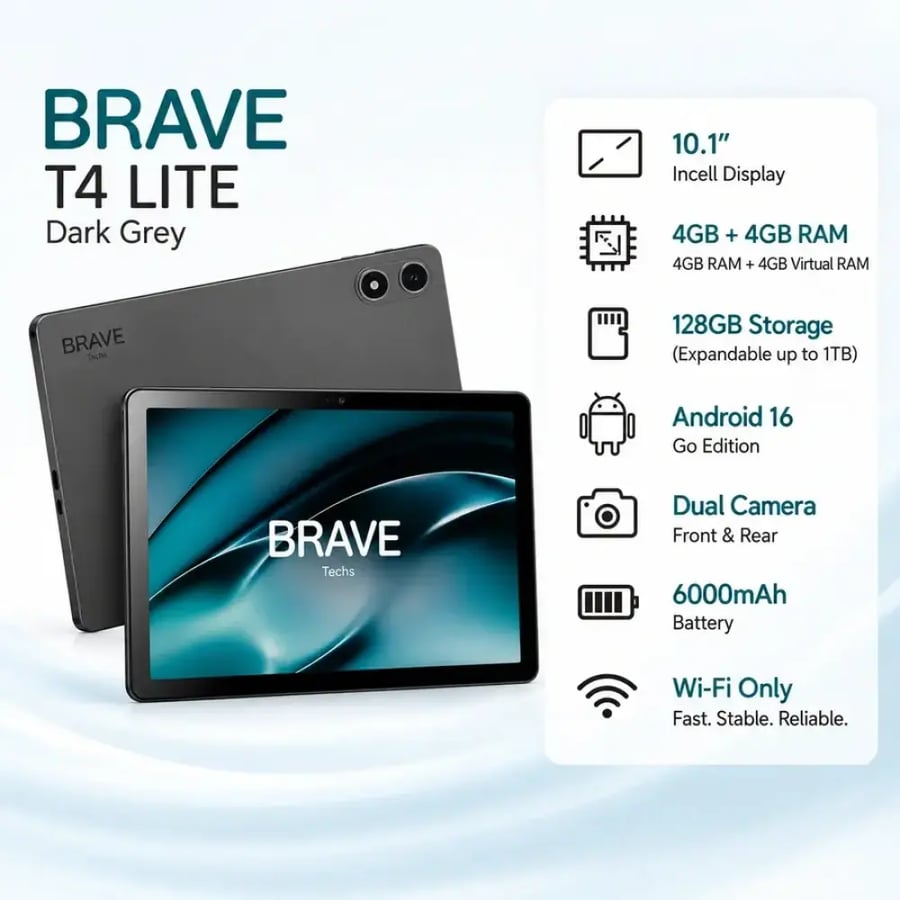 تابلت بريف T4 لايت Wi-Fi سعة 128 جيجابايت وذاكرة 4 جيجابايت - رمادي - اصدار الشرق الاوسط | Brave T4 Lite Tablet