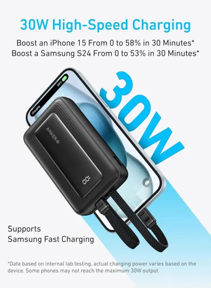 Anker Zolo power bank with a capacity of 10,000 mAh and 30-watt power with an integrated cable