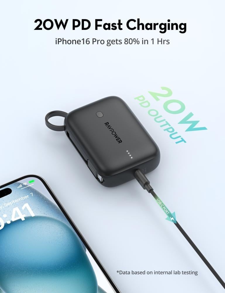 بطارية شحن RAVPower PD Pioneer 10000 مللي أمبير 20 واط بكيبل مدمج