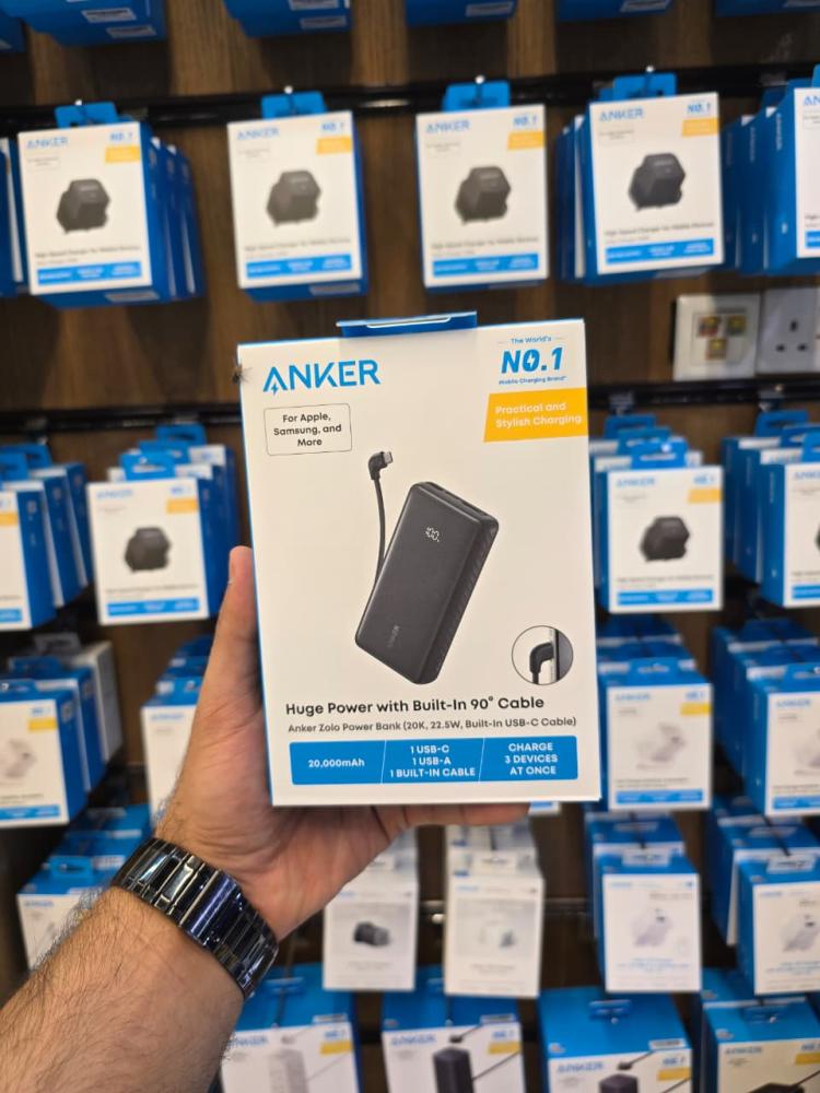 باور بانك أنكر زولو (Anker Zolo) بسعة 20,000 مللي أمبير مع كيبل مدمج بزاوية 90 درجة