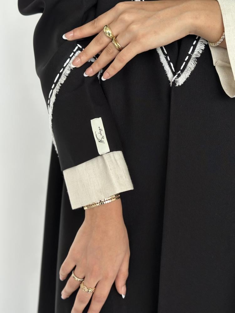24 Abaya half kalosh linen black with hand embroidery and interwoven natural linen material beige