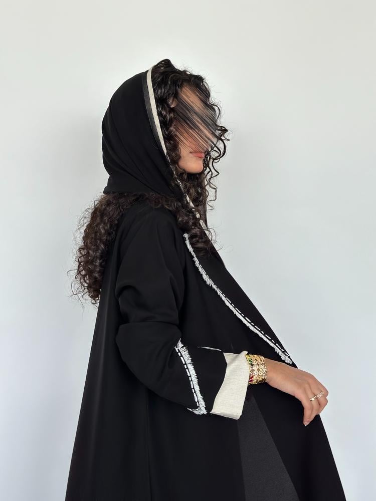 24 Abaya half kalosh linen black with hand embroidery and interwoven natural linen material beige