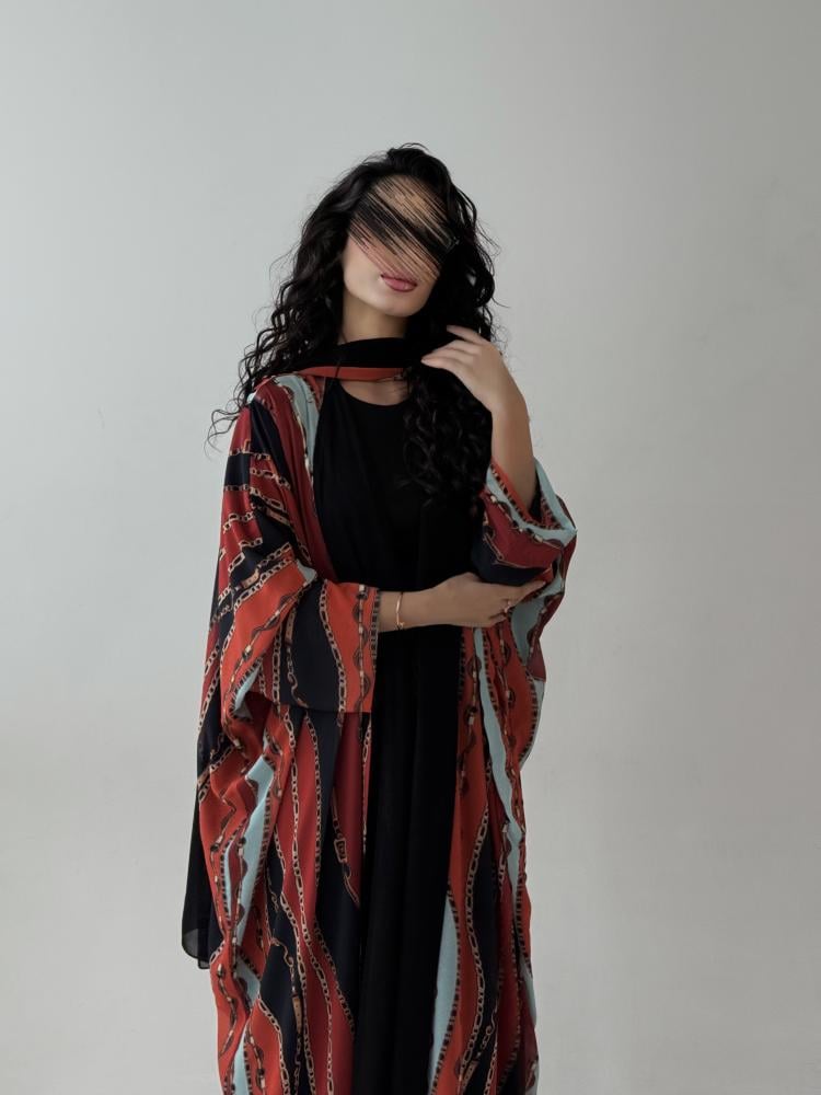 56 عبايه نص بشت شيفون (جورجيت) دبل فيس مبطن