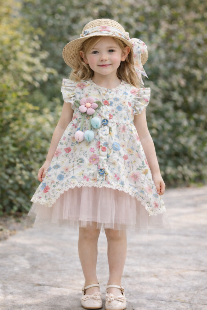 White dress with floral pattern and tulle layer – the beauty of nature with a royal look