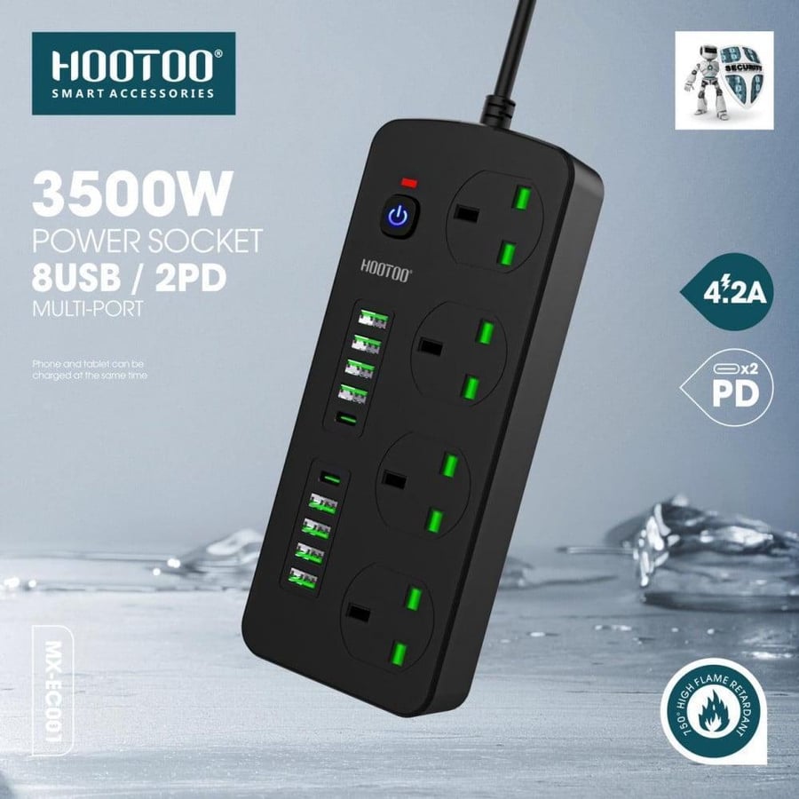 هوتو توصيلة كهرباء 4 افياش و 8منافذ usb ومنفذين PD شحن سريع بطول 3 متر HooToo