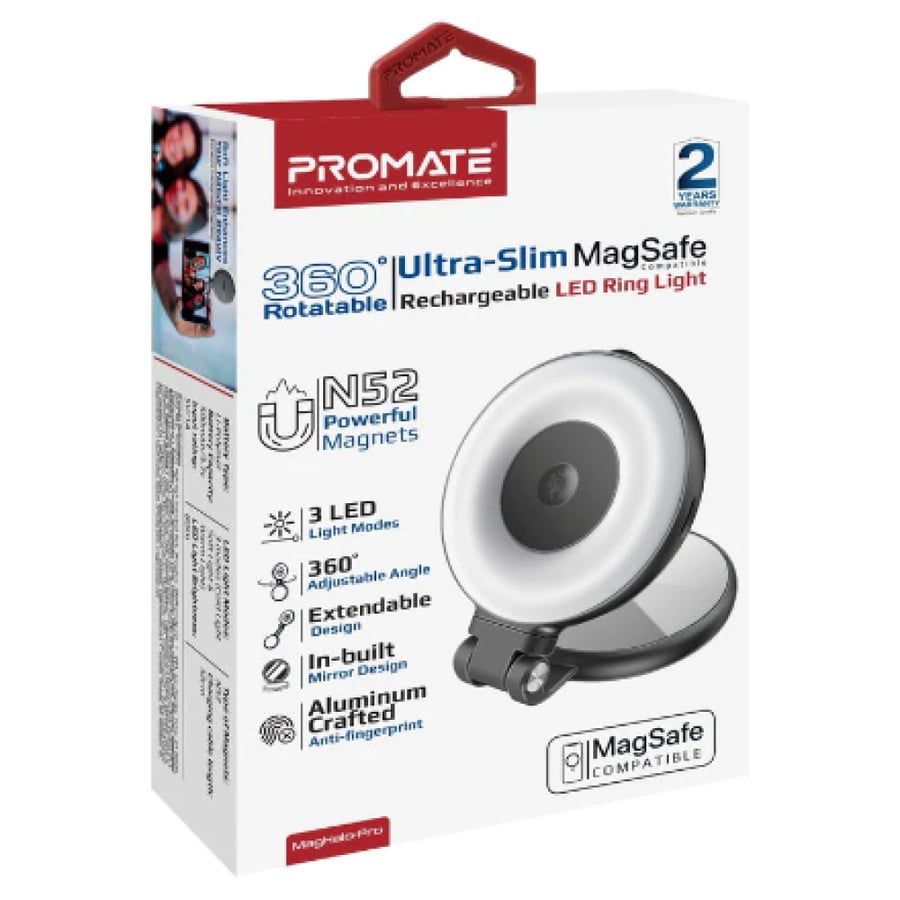 إضاءة مغناطيسية للجوال مع مرايا من بروميت Promate MagHalo proمصباح سيلفي Rechargeable LED Ring Light