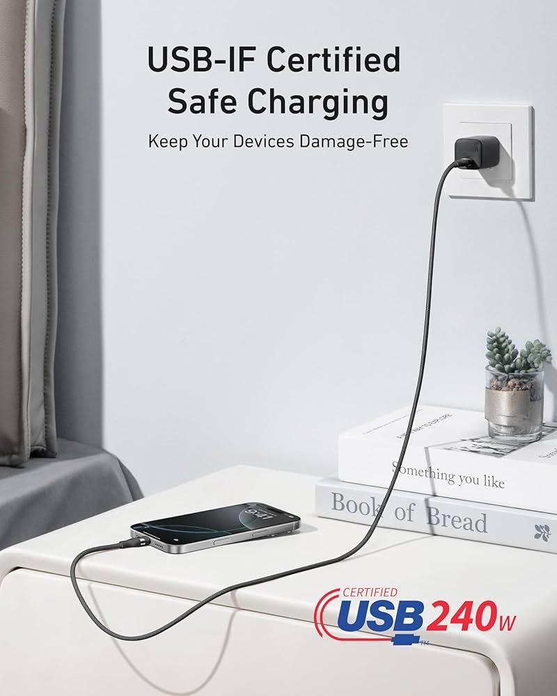 انكر سلك شاحن من للايفون والاندرويد شحن سريع  USB‎-‎C الى USB-C سلك شحن ونقل بيانات Anker USB-C to USB-C Cable 3ft, 240W