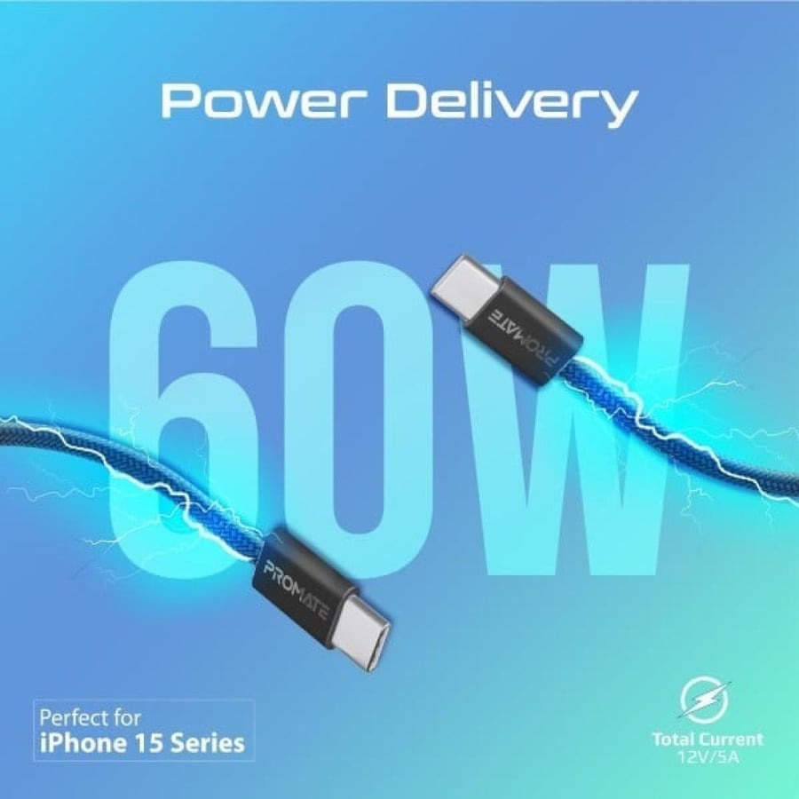 كيبل تايب سي  قماش من PROMATE فائق السرعة بطول 1.2 متر وقوة 60 واط ULTRA-FAST| Power Delivery 6OW|USB-C Cable