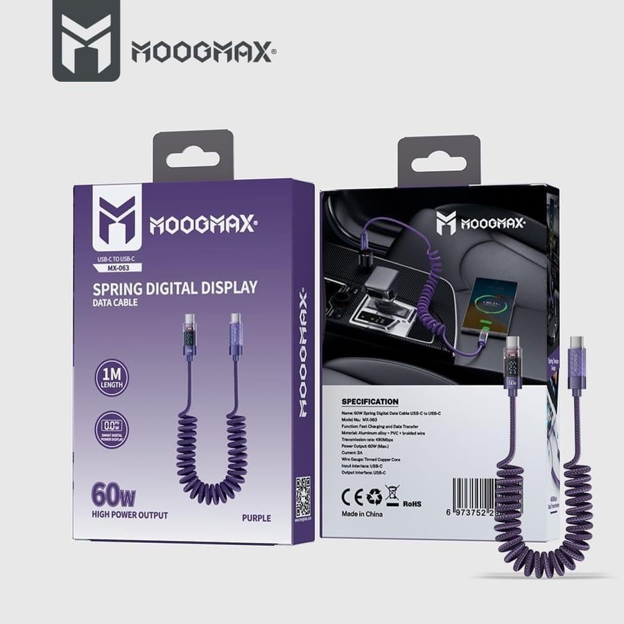 كبيل شحن حلزوني type C تايب سي بشاشة رقمية بقوة 60 واط PD من Moogmax  Mx-063