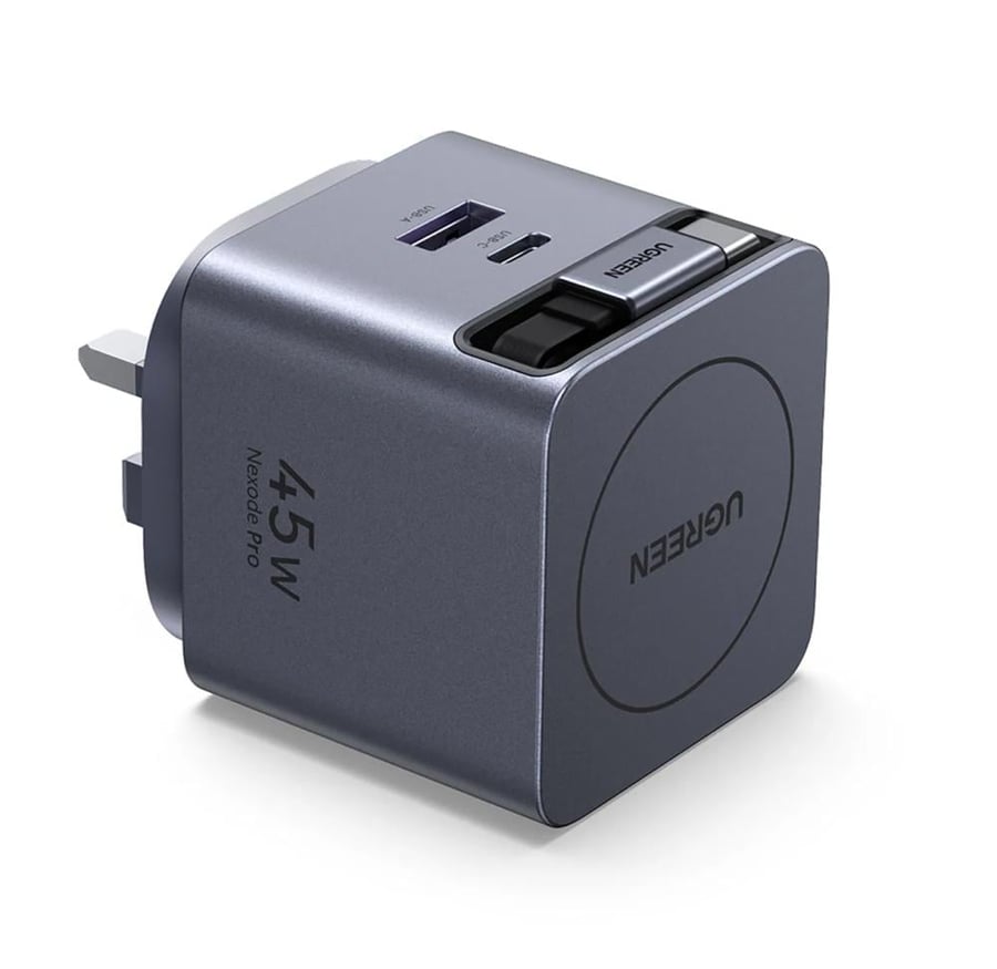 Wall charger Ugreen Nexode Pro with GaN technology and retractable cable, with USB-C port and USB port, 45-watt power - Gray