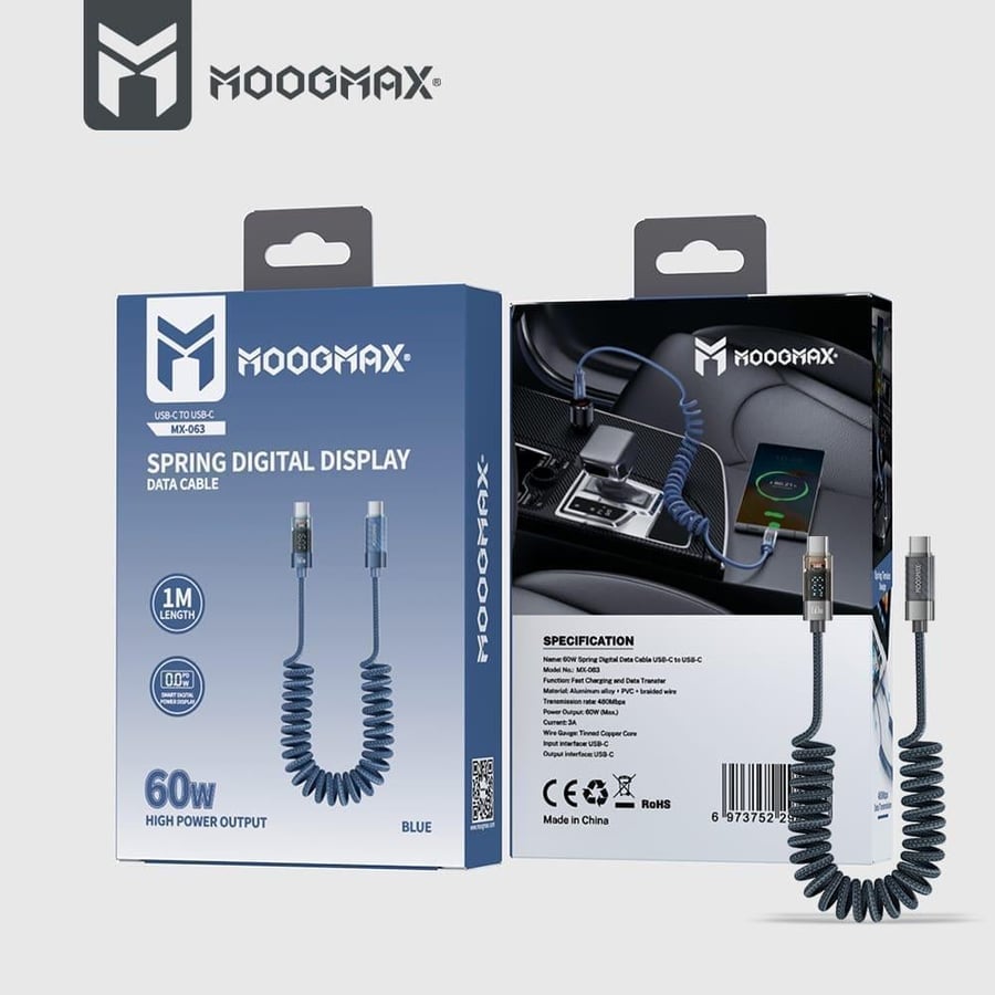 كبيل شحن حلزوني type C تايب سي بشاشة رقمية بقوة 60 واط PD من Moogmax  Mx-063