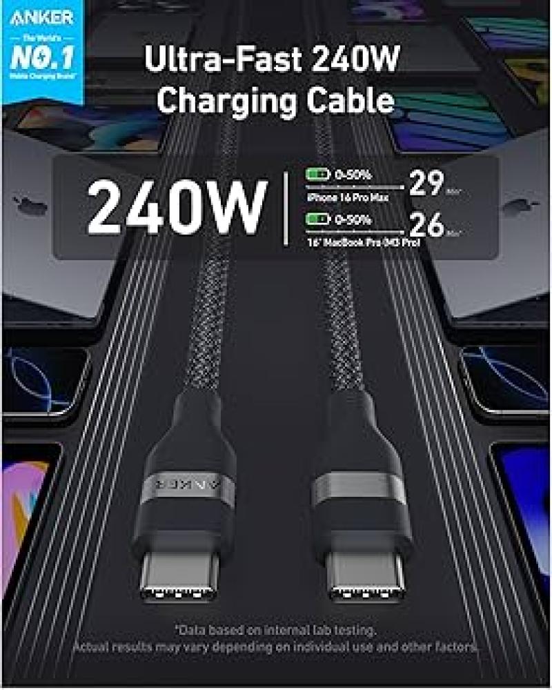 انكر سلك شاحن من للايفون والاندرويد شحن سريع  USB‎-‎C الى USB-C سلك شحن ونقل بيانات Anker USB-C to USB-C Cable 3ft, 240W