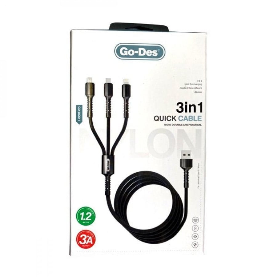 كيبل شحن اسود  3 في  1 بطول 120 سم  Go Des - UC511
