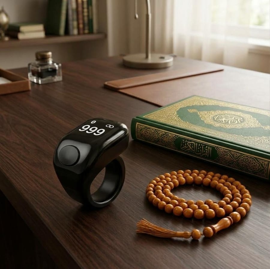 خاتم التسبيح الذكي iQIBLA للتذكير بالصلاة | عداد تسبيح + تنبيه الصلوات الخمس + شاشة OLED – 3 مقاسات