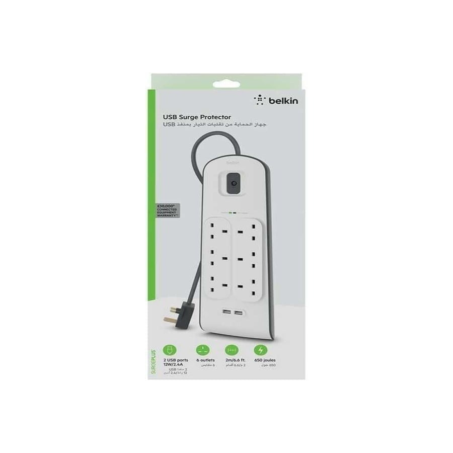 توصيلة بيلكن 6 منافذ طاقه بمنفذين يو اس بي-Belkin 6-input connector with USB ports