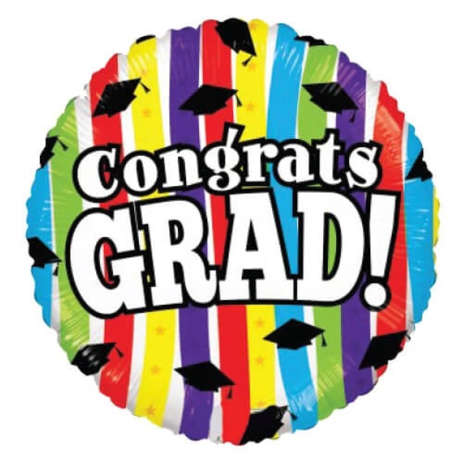 بالون تخرج بألون متنوعة وخلفية قباعات تخرج متطايرة وكلمة Congrats Grade