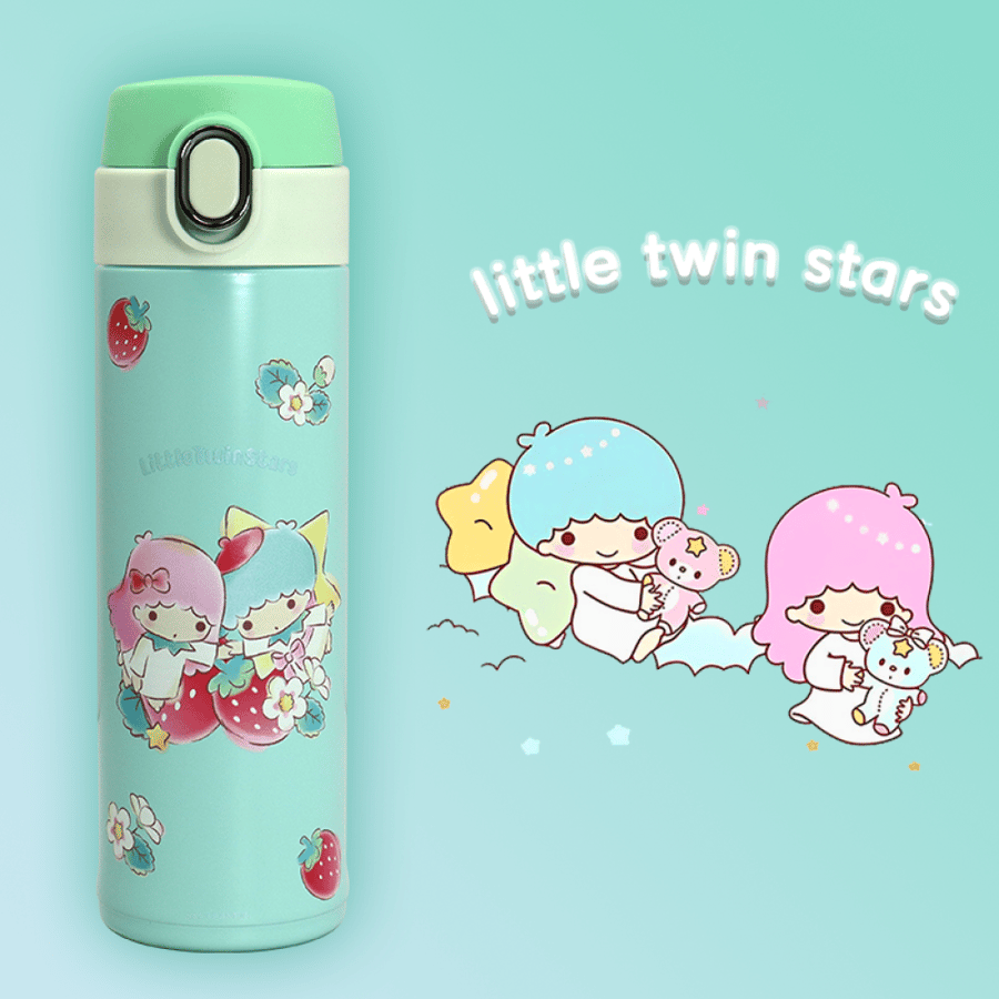 Insulated bottle with foldable lid featuring Sanrio characters design, 420 ml capacity - Little Twin Stars