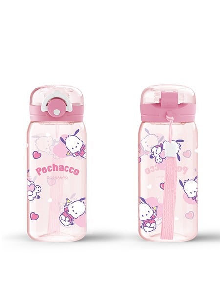 Plastic water bottle with strap, 450 ml size, with Sanrio characters - Pochacco