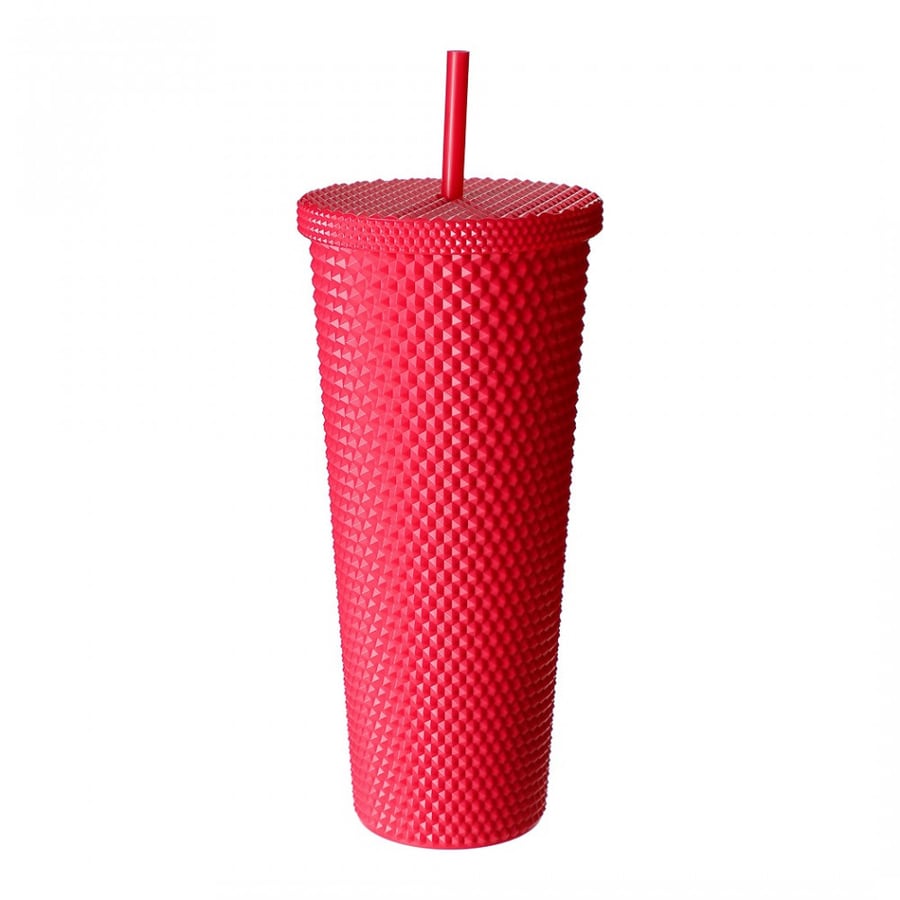 Plastic water cup with straw in durian design 700 ml - red