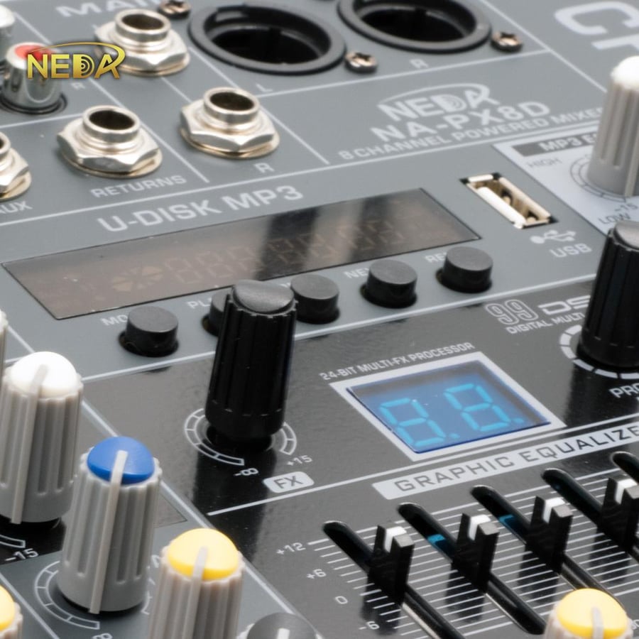 جهاز مكسر النداء PX8D عدد 8 قنوات بلوتوث و تسجيل مباشر على الفلاش Mixer/Amplifier NEDAA PX8D(USB-BLUTOOTH-Record on USB)