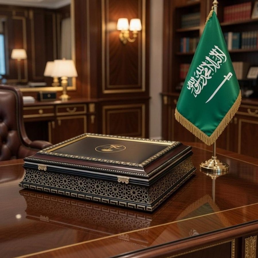صندوق خشبي فاخر لون اسود بشعار السعودية