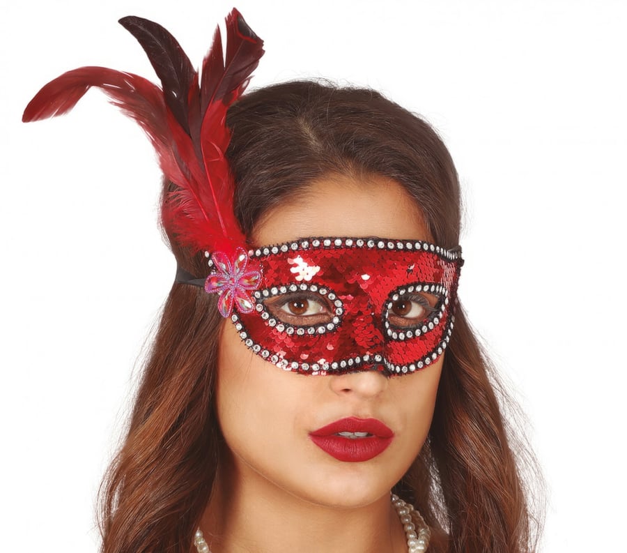 RED SEQUINS MASK WITH FEATHERS (12943)