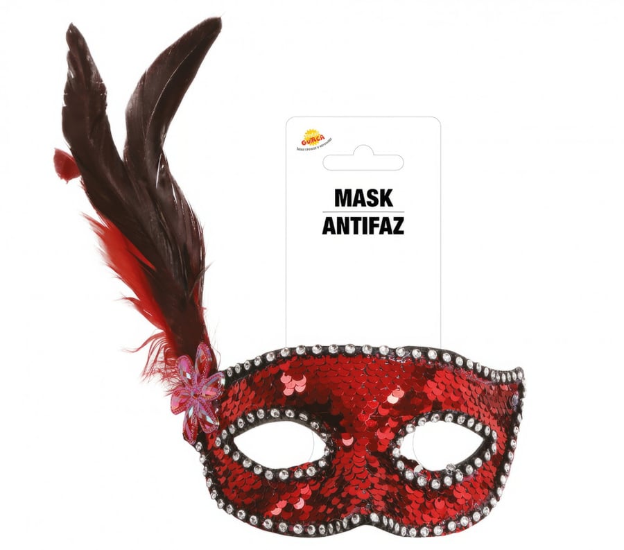RED SEQUINS MASK WITH FEATHERS (12943)