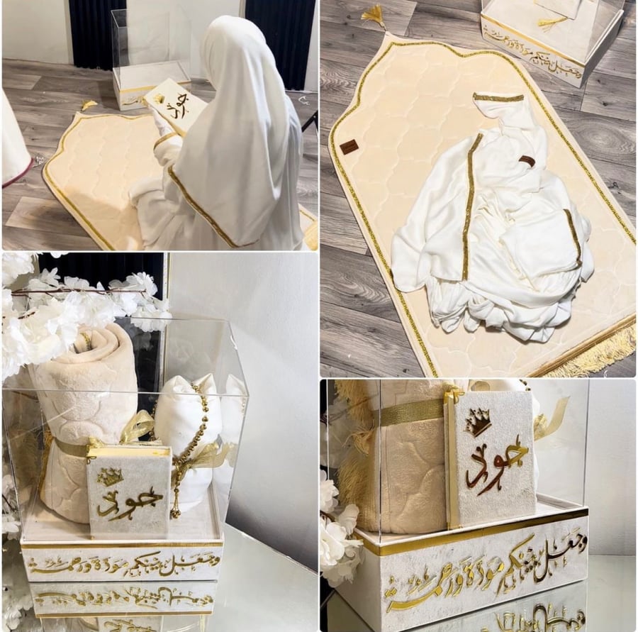 طقم فاخر سجاده سفنج طبيه شرشف جلال صلاه قطن كويتي درجه اولى بتصميم خرز