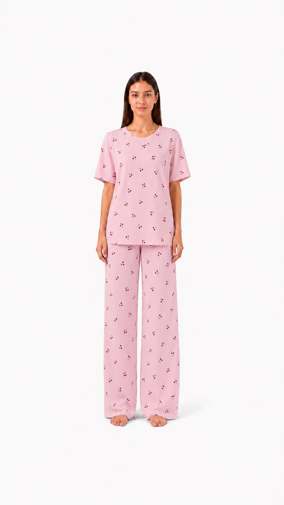 بجامة ناعمة قطن 100% وردية نقشة كرز Soft 100% cotton pajama