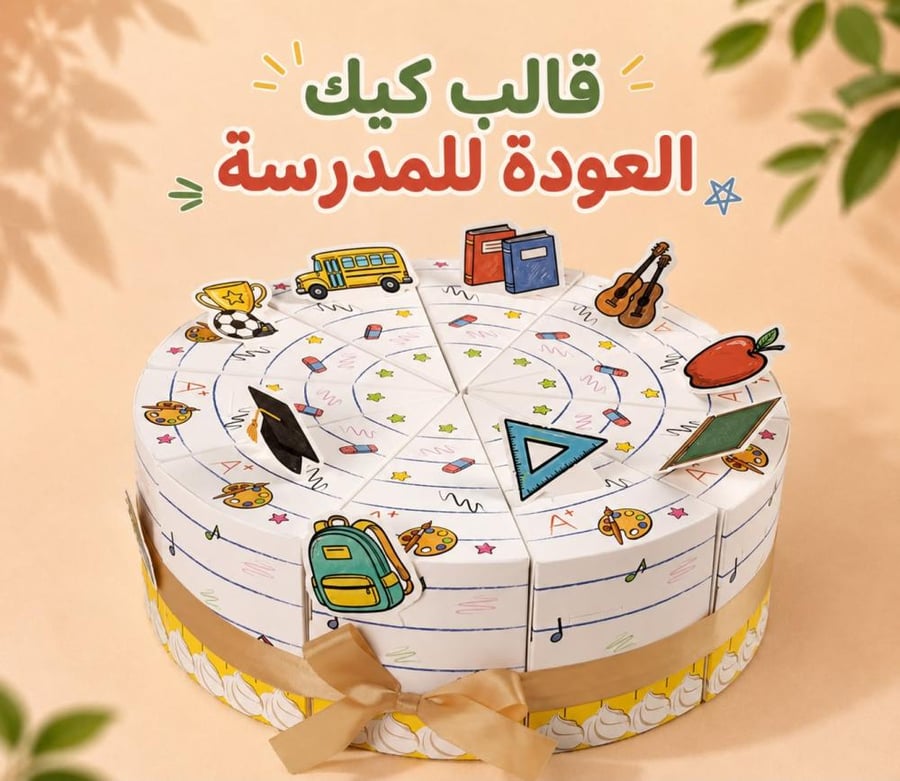 توزيعة قالب كيك العودة للمدرسة بتصميم احتفالي مدرسي - نبراس بلس